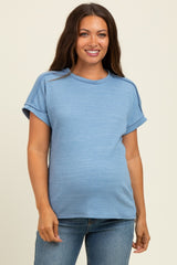 Blue Ribbed Exposed Seam Short Sleeve Maternity Top