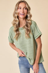 Light Olive Ribbed Exposed Seam Short Sleeve Top