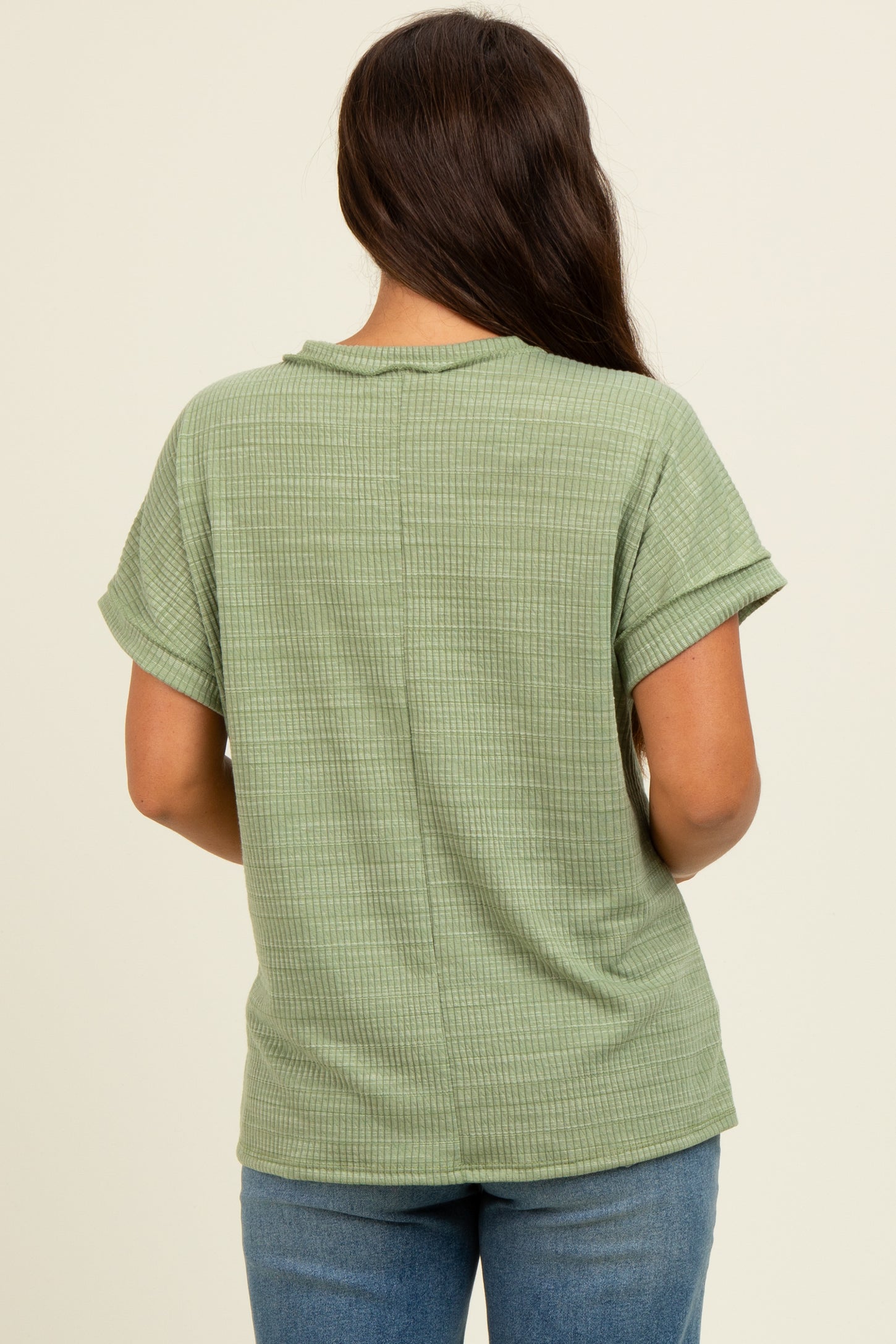 Light Olive Ribbed Exposed Seam Short Sleeve Maternity Top