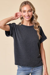 Black Exposed Seam Short Sleeve Top