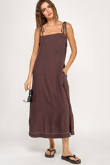 Brown Shoulder Tie Midi Dress