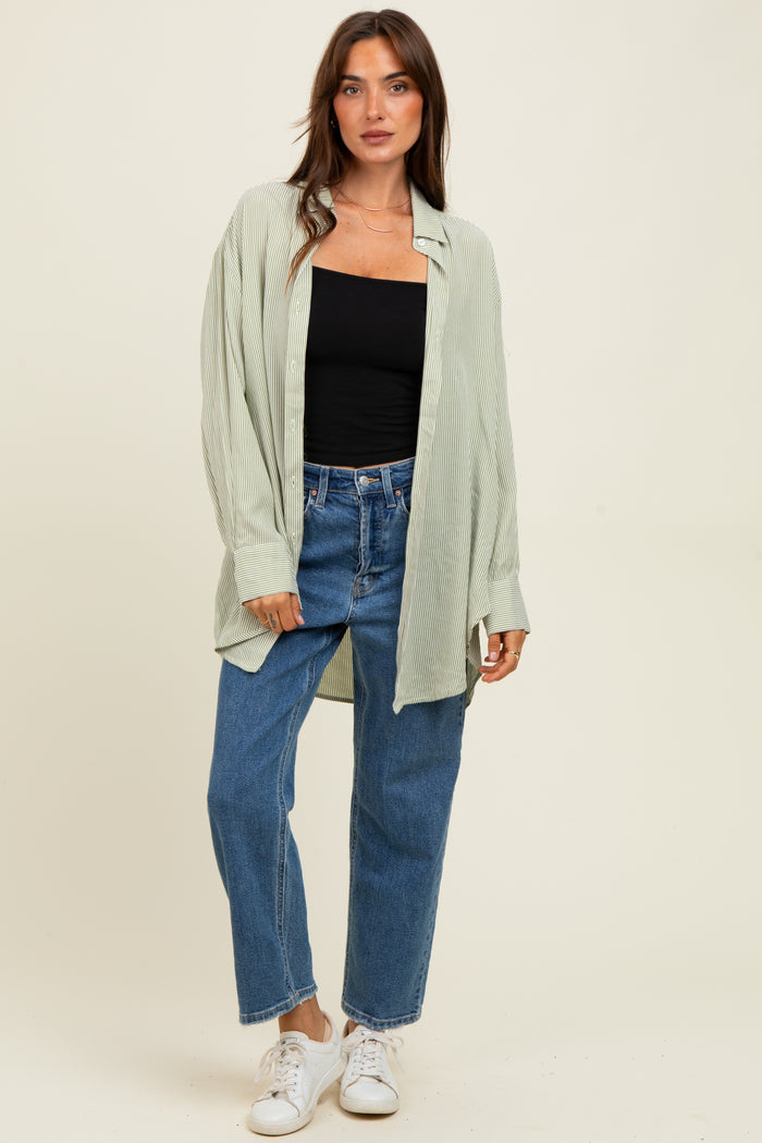 Light Olive Striped Oversized Button Down Shirt