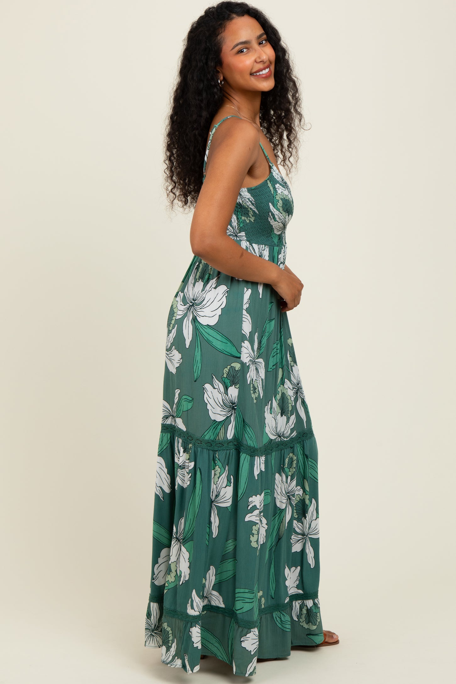 Green Floral V-Neck Smocked Lace Trim Maxi Dress