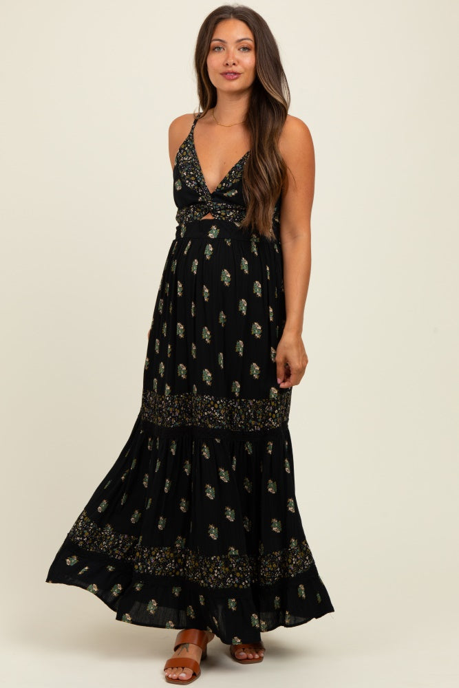 Black Printed Twist Front Cutout Maternity Maxi Dress