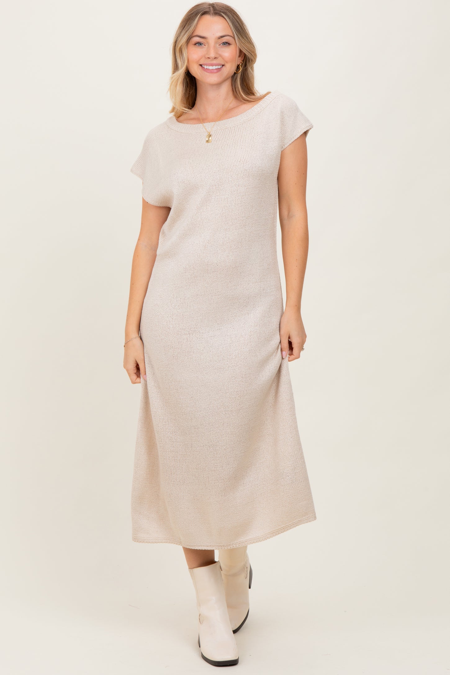 Cream Short Sleeve Maxi Sweater Dress