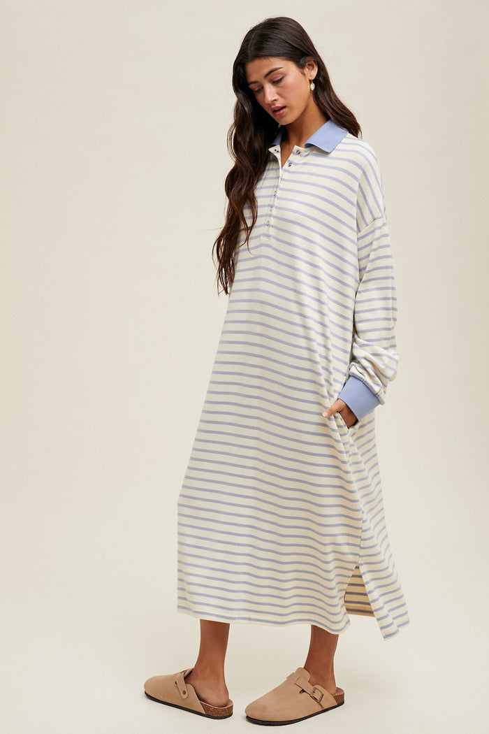 Periwinkle Stripe Snap Button Long Sleeve Midi Dress