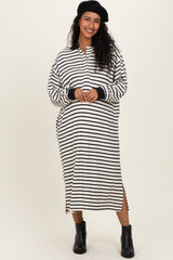 Black Stripe Snap Button Long Sleeve Maternity Midi Dress