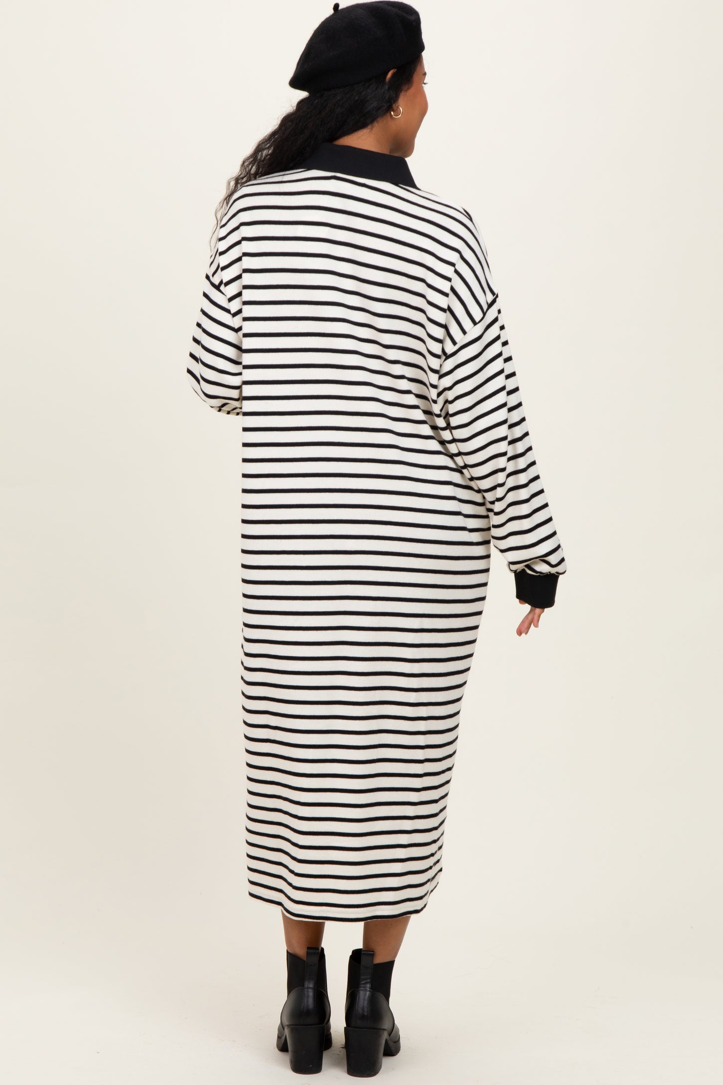 Black Stripe Snap Button Long Sleeve Maternity Midi Dress