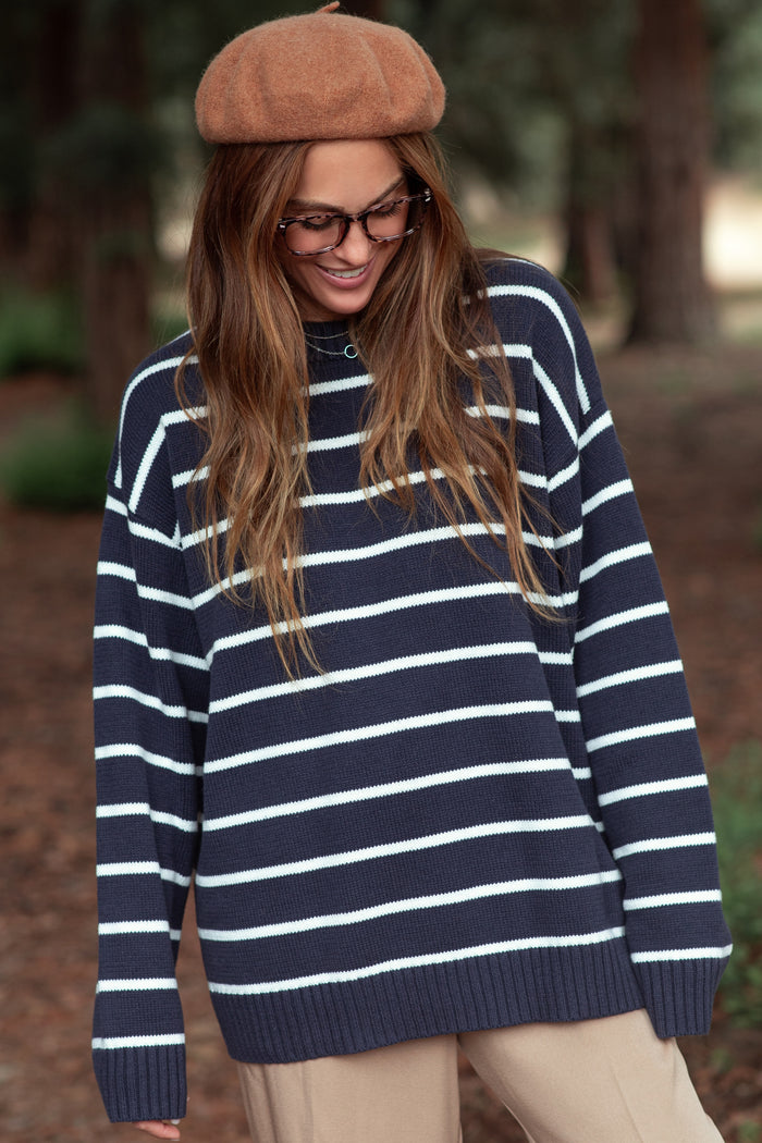 Navy Striped Oversized Maternity Sweater