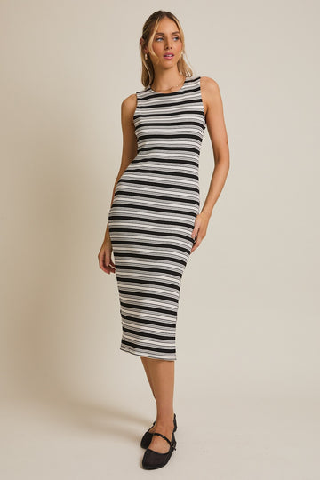 Black Multi-Stripe Ribbed Sleeveless Cutout Midi Dress