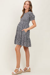 Black Floral Puff Sleeve Smocked Maternity Dress