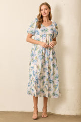 Blue Floral Chiffon Puff Sleeve Midi Dress
