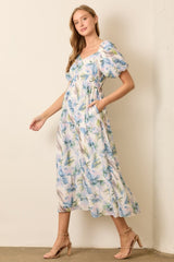 Blue Floral Chiffon Puff Sleeve Midi Dress