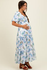 Blue Floral Chiffon Puff Sleeve Maternity Midi Dress