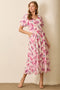Pink Floral Chiffon Puff Sleeve Midi Dress