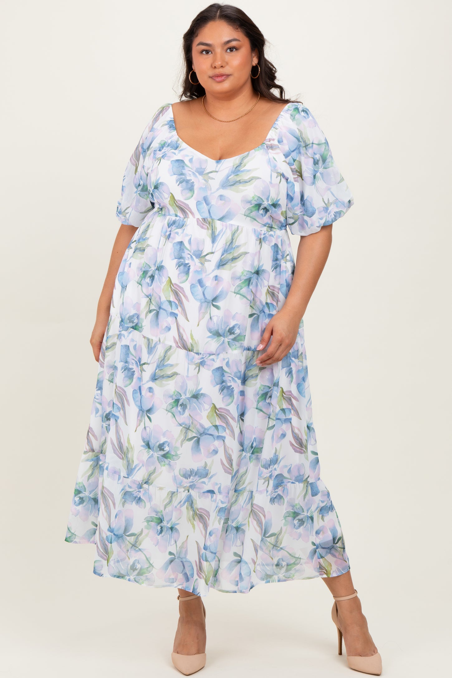 Blue Floral Chiffon Puff Sleeve Maternity Plus Midi Dress