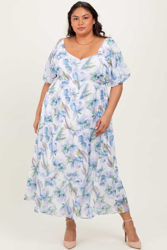 Blue Floral Chiffon Puff Sleeve Plus Midi Dress