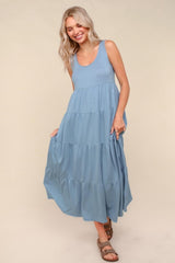 Light Blue Solid Tiered French Terry Maxi Dress
