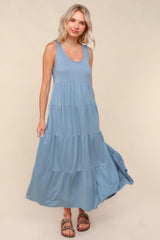 Light Blue Solid Tiered French Terry Maxi Dress