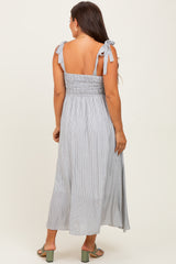 Grey Floral Striped Sleeveless Shoulder Tie Maternity Midi Dress