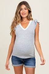 Heather Grey/ Ivory Solid Ribbed Ruffle Sleeve Fitted Maternity Top