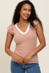 Beige/ Ivory Solid Ribbed Ruffle Sleeve Fitted Top
