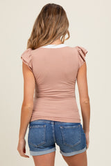Beige/ Ivory Solid Ribbed Ruffle Sleeve Fitted Maternity Top