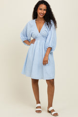 Blue Striped Balloon Sleeve V-Neck Dress