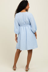 Blue Striped Balloon Sleeve V-Neck Dress