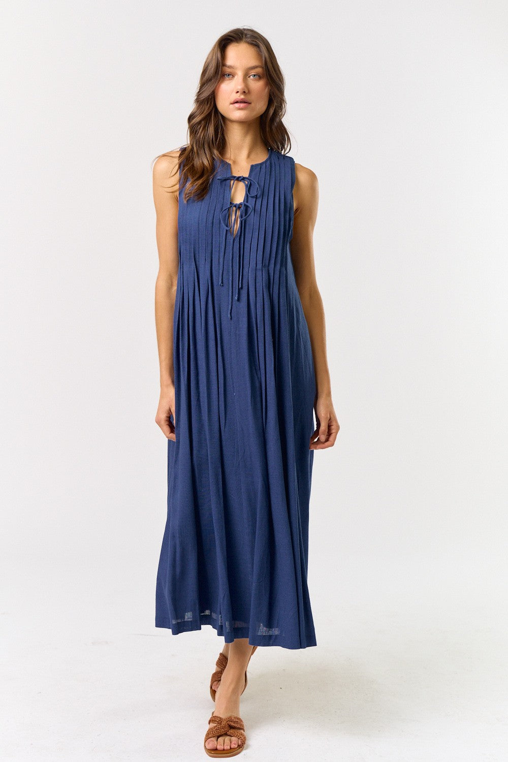 Navy Pleated Double Front Tie Sleeveless Midi Dress