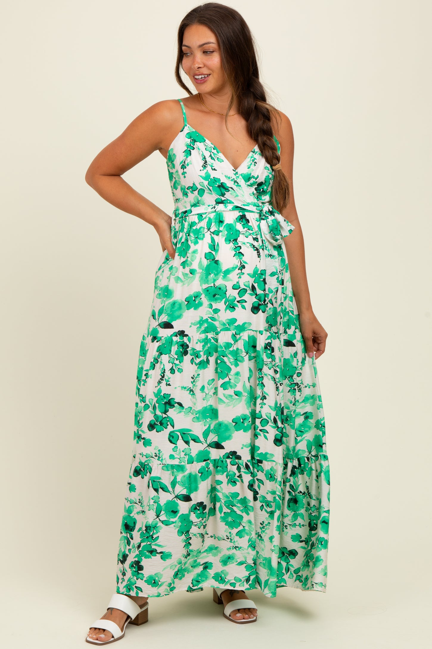 Green Floral Tiered Sleeveless Sash Tie Maternity Maxi Dress