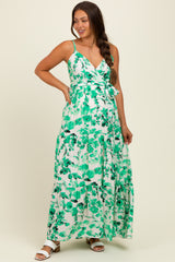 Green Floral Tiered Sleeveless Sash Tie Maternity Maxi Dress