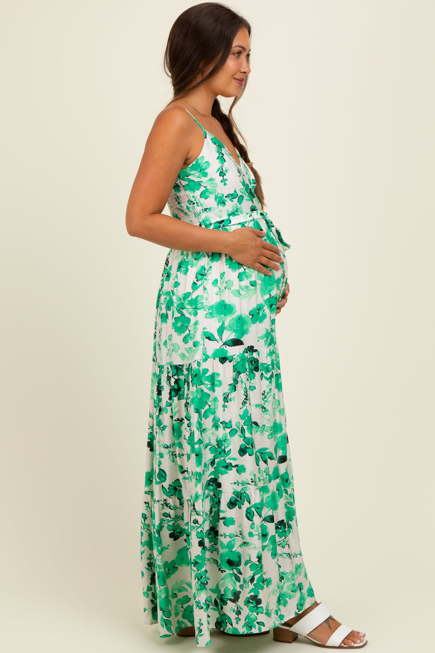 Green Floral Tiered Sleeveless Sash Tie Maternity Maxi Dress
