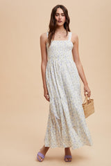 Light Blue Smocked Cotton Floral Sleeveless Maxi Dress