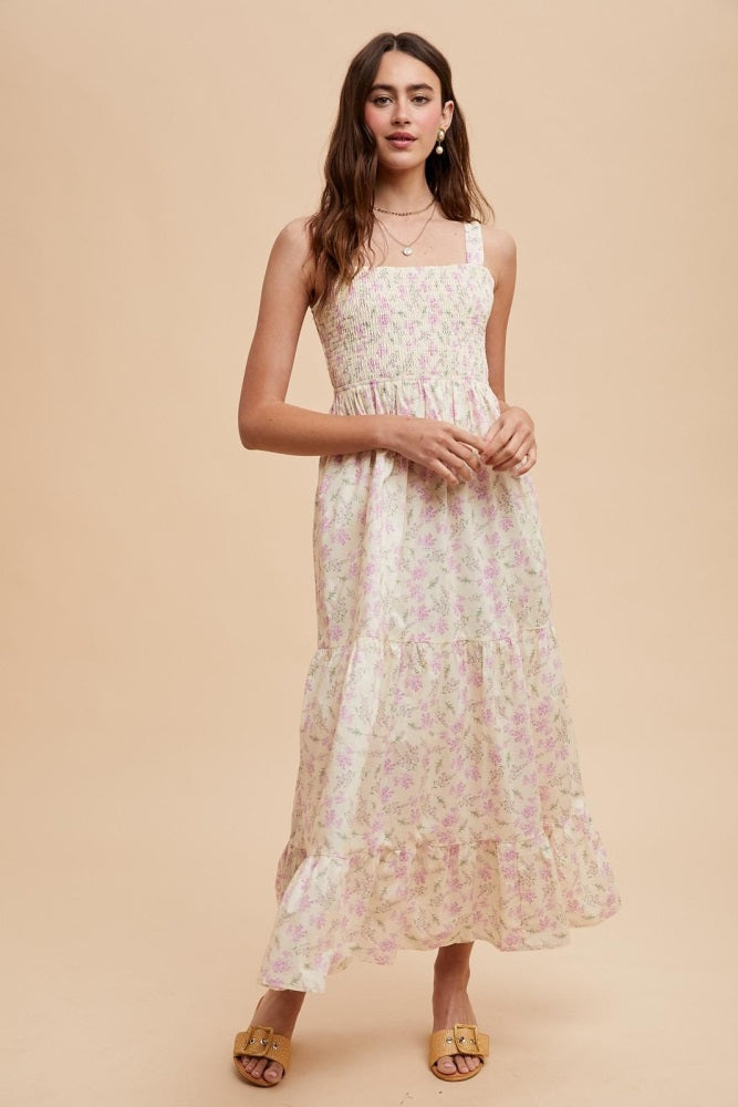 Light Pink Smocked Cotton Floral Sleeveless Maternity Maxi Dress