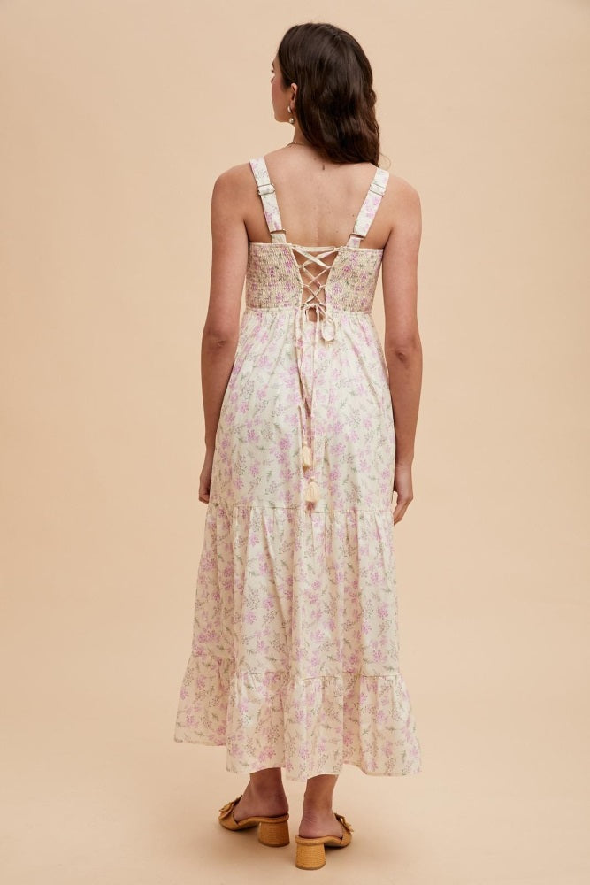 Light Pink Smocked Cotton Floral Sleeveless Maxi Dress
