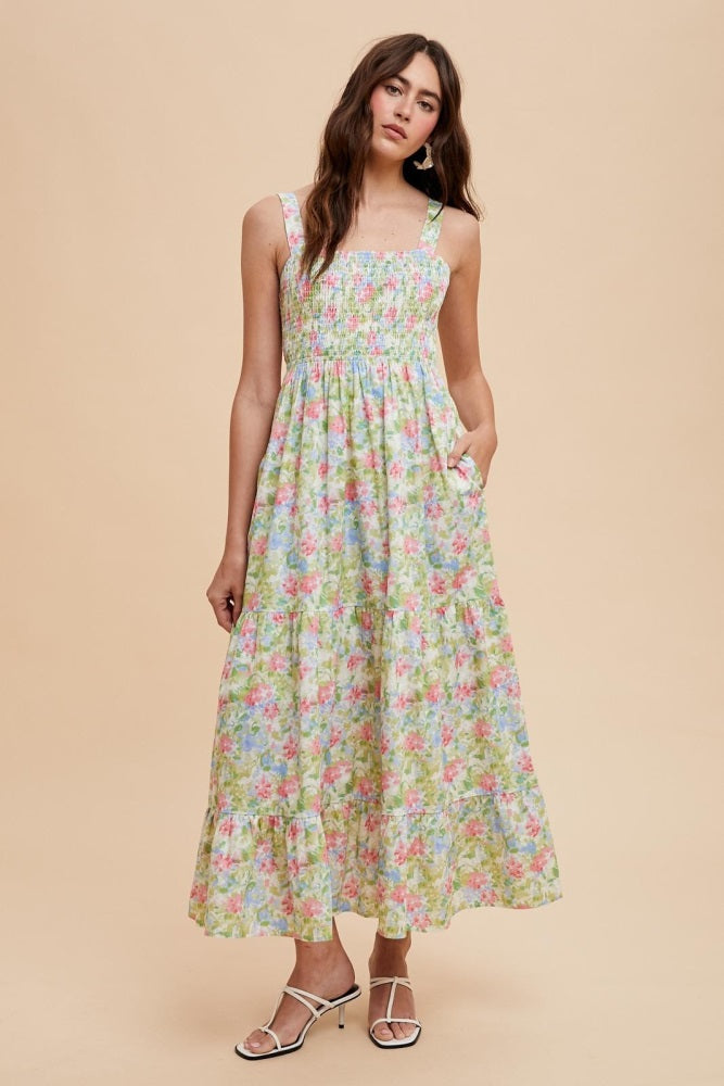 Multi Color Smocked Cotton Floral Sleeveless Maxi Dress