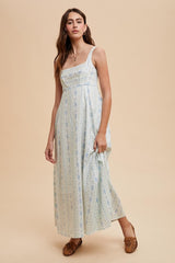 Light Blue Cotton Floral Square Neck Sleeveless Maxi Dress