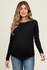 Black Solid Ribbed Ruched Long Sleeve Maternity Top