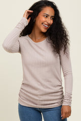 Mocha Solid Ribbed Ruched Long Sleeve Top