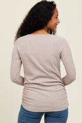 Mocha Solid Ribbed Ruched Long Sleeve Top