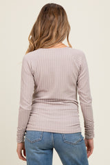 Mocha Solid Ribbed Ruched Long Sleeve Maternity Top