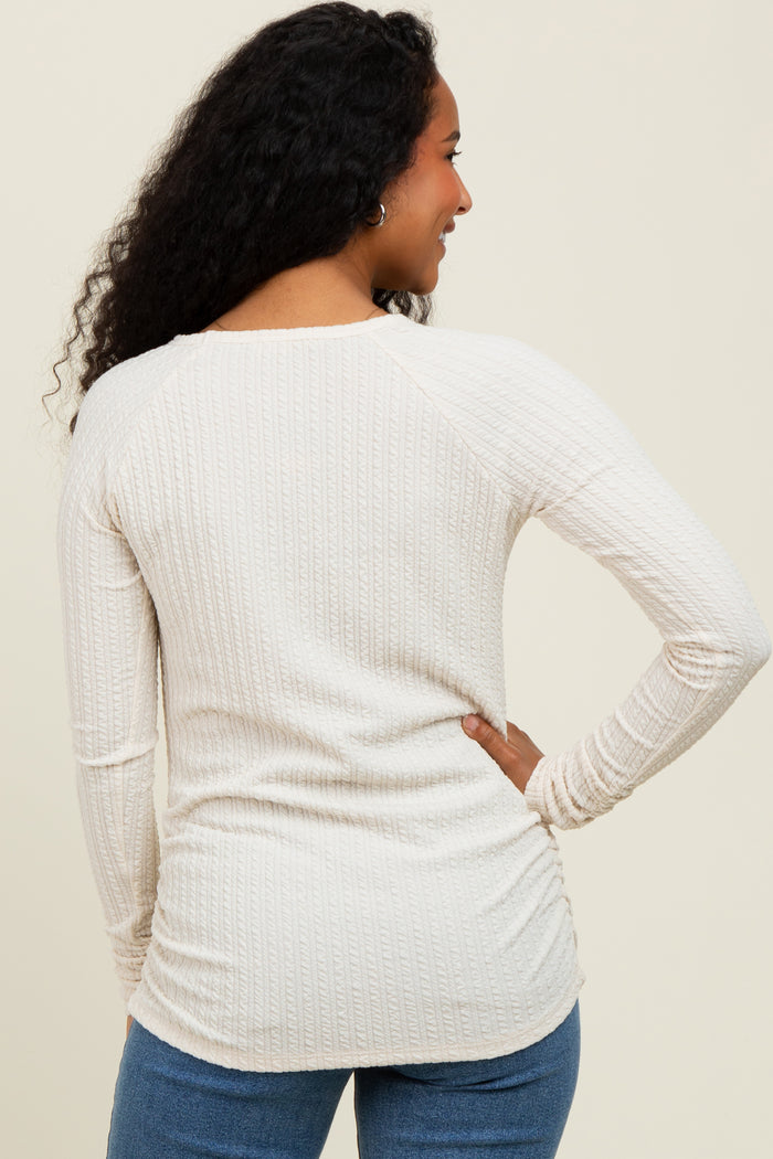Ivory Solid Ribbed Ruched Long Sleeve Top