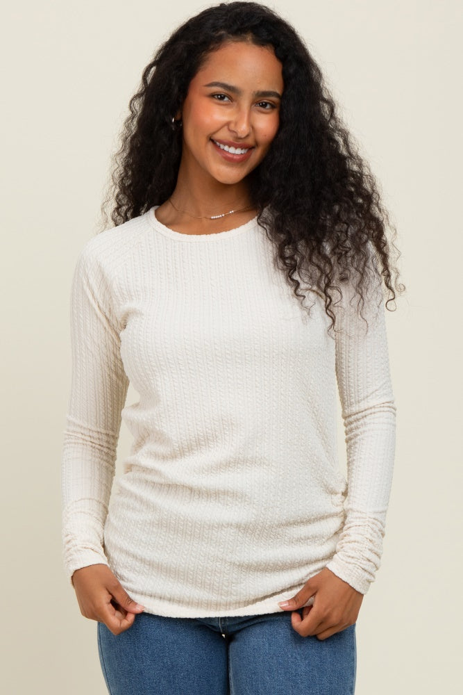 Ivory Solid Ribbed Ruched Long Sleeve Top