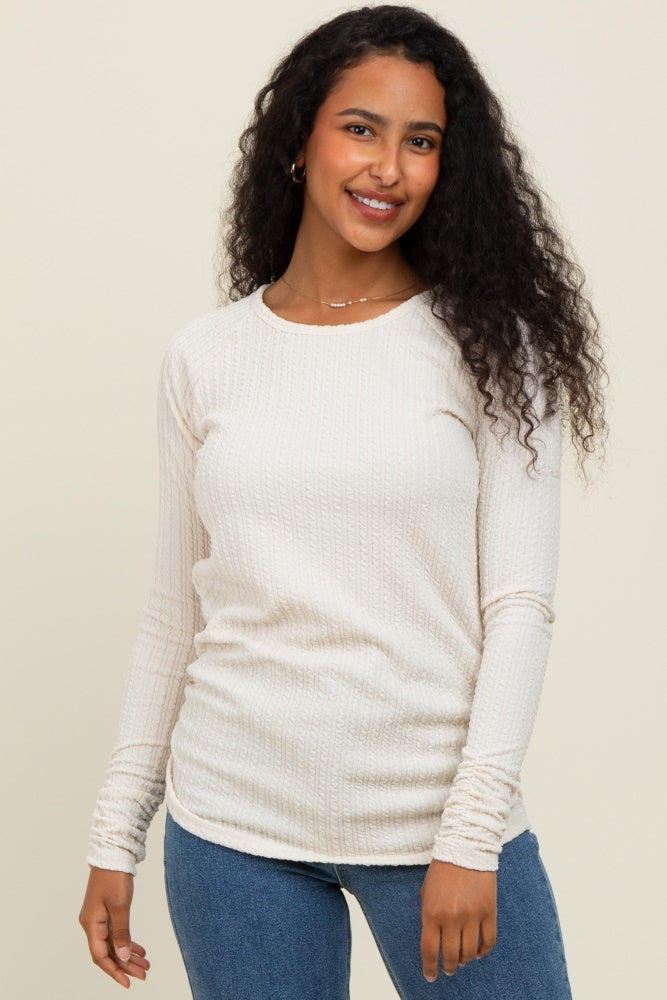 Ivory Solid Ribbed Ruched Long Sleeve Top