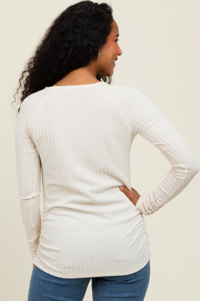 Ivory Solid Ribbed Ruched Long Sleeve Top