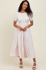 Light Pink Solid Textured Tiered Shirt Sleeve Maxi Dress