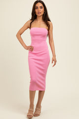 Pink Fitted Tube Knit Midi Dress