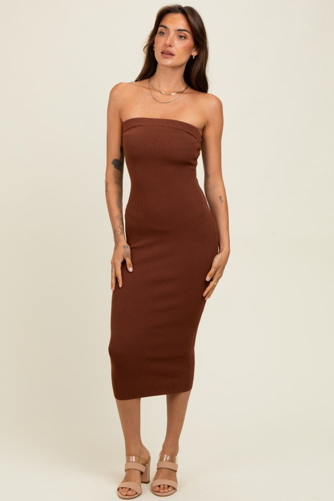 Brown Fitted Tube Knit Midi Dress