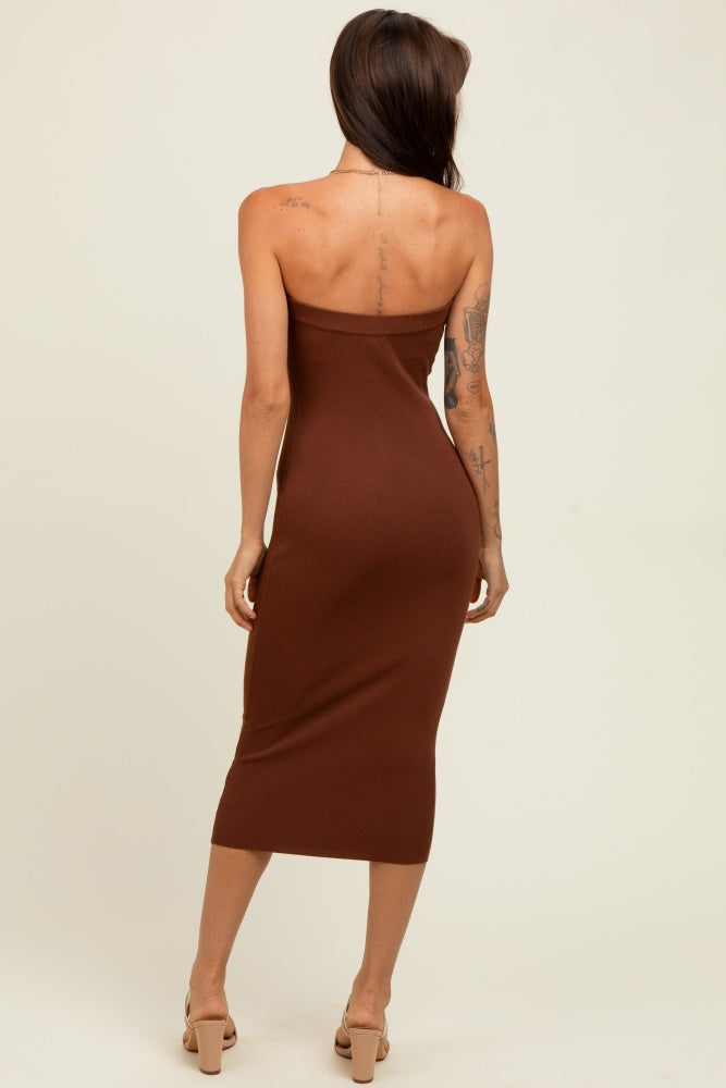 Brown Fitted Tube Knit Midi Dress